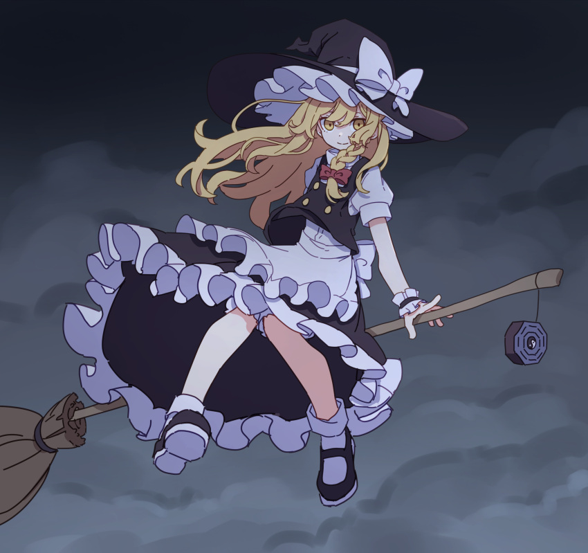 1girl apron back_bow black_headwear black_skirt black_vest blonde_hair bloomers bow braid broom broom_riding cloud cloudy_sky commentary_request dot_nose floating_hair frilled_apron frilled_skirt frills hair_bow hat hat_bow highres kame_(kamepan44231) kirisame_marisa long_hair mini-hakkero red_bow shirt short_sleeves single_braid skirt sky smile solo touhou underwear vest waist_apron white_apron white_bow white_shirt witch_hat yellow_eyes yin_yang