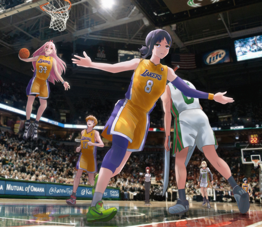 2boys 3girls absurdres american_flag arm_warmers ball basketball_(object) basketball_court basketball_hoop basketball_jersey black_hair blonde_hair brown_eyes chainsaw_man cosplay crossover denji_(chainsaw_man) dwyane_wade grin hair_ornament hairclip higashiyama_kobeni highres holding holding_ball horns jumping kanpaithighs katana_man_(chainsaw_man) knee_pads kobe_bryant kobe_bryant_(cosplay) lebron_james long_hair looking_up los_angeles_lakers makima_(chainsaw_man) miller_lite milwaukee_bucks multiple_boys multiple_girls nike number_print outstretched_arms photo-referenced photo_background pink_hair playing_sports power_(chainsaw_man) red_eyes red_hair referee reflective_floor running sawatari_akane_(chainsaw_man) shaquille_o'neal shaquille_o'neal_(cosplay) shoes short_hair short_ponytail single_arm_warmer single_knee_pad slam_dunk_(basketball) smile sneakers sportswear stadium wristband