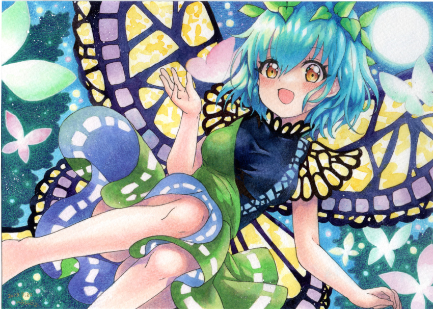 1girl antennae aqua_hair ass barefoot blush butterfly_wings dress eternity_larva fairy green_dress hair_between_eyes leaf leaf_on_head mosho multicolored_clothes multicolored_dress open_mouth short_hair short_sleeves smile solo touhou traditional_media wings yellow_eyes