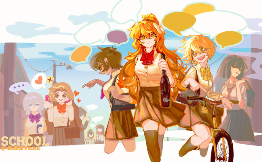 6+girls bag bicycle black_skirt blonde_hair bow bowtie breasts don_quixote_(limbus_company) faust_(limbus_company) gostcat hair_bow highres ishmael_(limbus_company) large_breasts limbus_company long_hair medium_breasts multiple_girls necktie orange_hair outis_(limbus_company) pleated_skirt project_moon purple_bow purple_bowtie red_bow red_bowtie red_necktie rodion_(limbus_company) ryoshu_(limbus_company) sailor_collar school_bag school_uniform serafuku short_hair short_sleeves skirt speech_bubble very_long_hair white_bow yellow_bow yellow_bowtie yellow_eyes