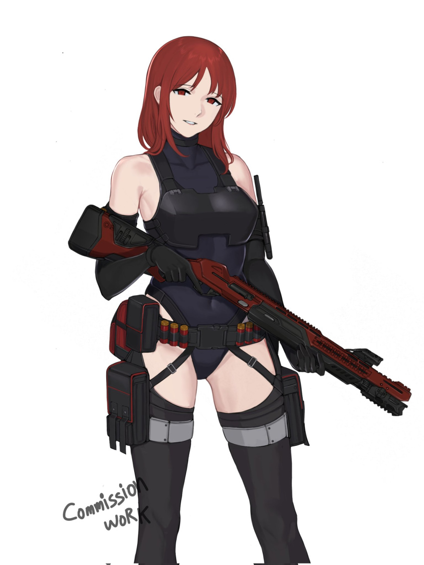 1girl ammunition_belt armor belt_pouch black_gloves black_leotard black_thighhighs commentary commission covered_navel elbow_gloves english_commentary english_text gloves gun head_tilt highleg highleg_leotard highres holding holding_gun holding_weapon leotard long_hair looking_at_viewer original pouch red_eyes red_hair seilindekos shotgun simple_background smile solo thigh_pouch thighhighs weapon weapon_request white_background