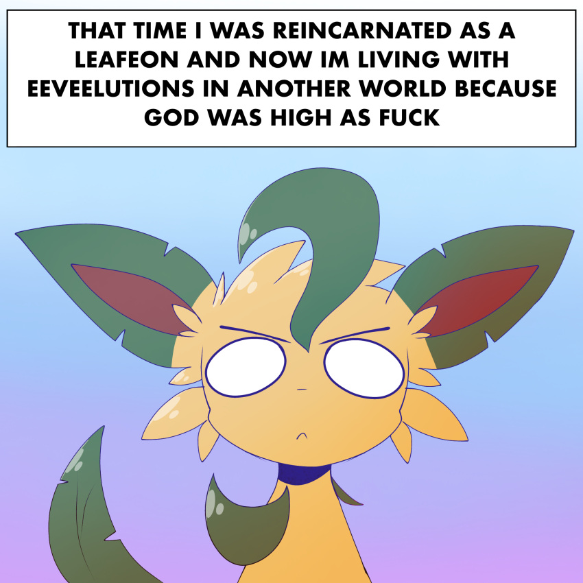 angry canid cover eeveelution elemental_creature flora_fauna fur generation_4_pokemon glare gradient_background hi_res leaf leaf_hair leaf_tail leafeon mammal nintendo plant plant_hair pokemon pokemon_(species) pseudo_hair ryder205 simple_background tail tan_body tan_fur text text_box white_eyes