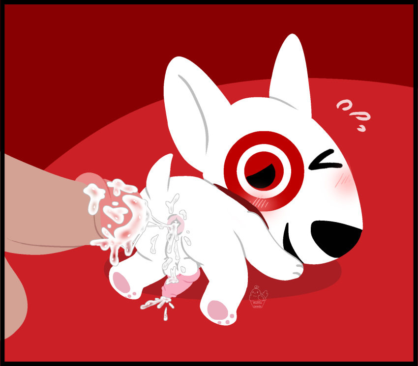 1:1 after_sex anal anthro anus balls blush bodily_fluids bull_terrier bullseye_(target) butt canid canine canis cum cum_in_ass cum_inside cum_on_balls cum_on_butt cum_on_penis digital_drawing_(artwork) digital_media_(artwork) domestic_dog duo erection fur genital_fluids genitals hi_res humanoid_genitalia humanoid_penis hunting_dog looking_at_viewer looking_back male male/male male_penetrated mammal mascot muffinlewds nude offscreen_character on_model one_eye_closed open_mouth penetration penis presenting presenting_hindquarters simple_background smile solo_focus tail target target_corporation terrier white_body white_fur wink