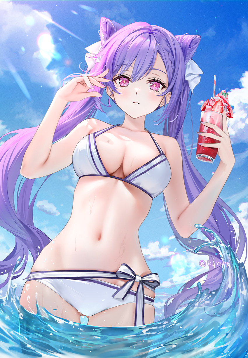 1girl bare_shoulders bikini blue_sky blush breasts cleavage collarbone commentary_request cone_hair_bun cup drinking_straw genshin_impact hair_bun hair_ornament highres keqing_(genshin_impact) long_hair looking_at_viewer medium_breasts navel ocean partial_commentary purple_eyes purple_hair rity sky solo swept_bangs swimsuit thighs twintails wading water white_bikini