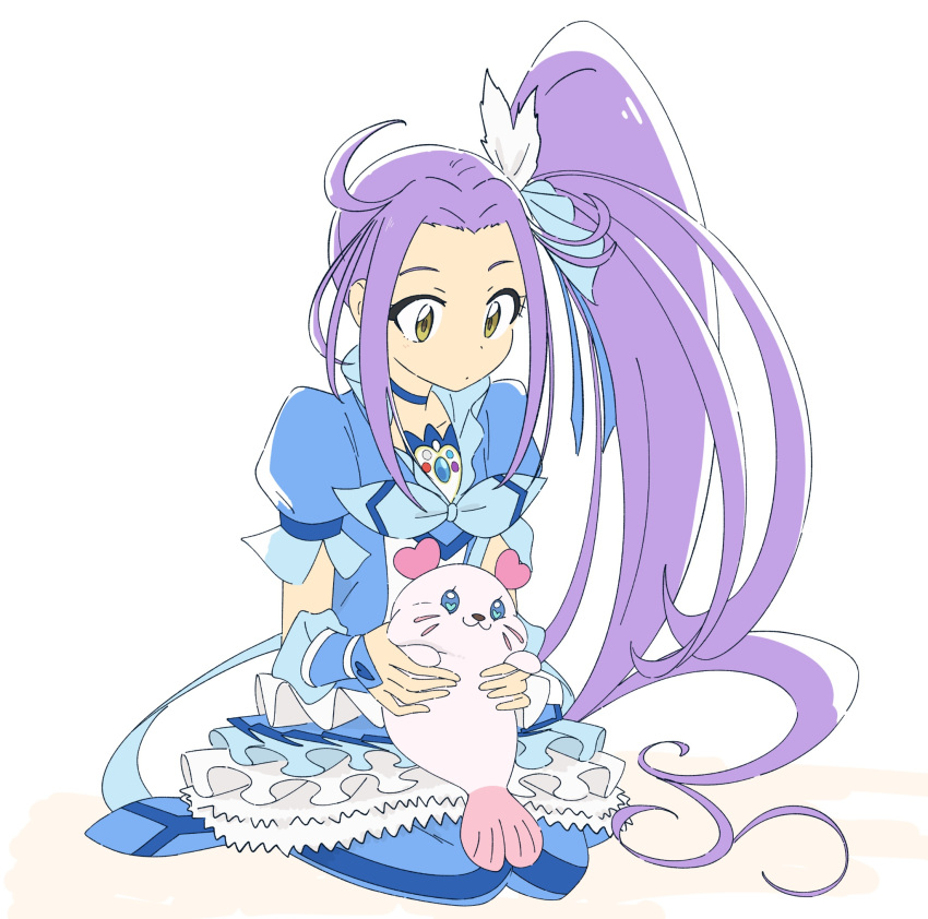 cheek_bulge cure_diamond highres kururun_(precure) precure purple_hair semham side_ponytail sitting