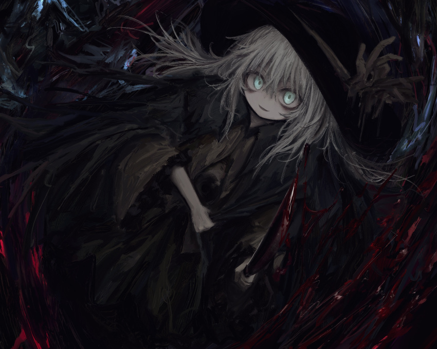 1girl abstract_background bags_under_eyes black_cape black_headwear blood blood_on_knife blouse brown_cloak cape cloak dark full_body glowing glowing_eyes green_eyes grey_hair hat hat_ornament hat_ribbon highres holding holding_clothes holding_knife knife koishi_komeiji's_heart-throbbing_adventure komeiji_koishi long_hair long_sleeves looking_at_viewer medium_hair open_mouth pale_skin reverinth ribbon shirt smile solo touhou wide_sleeves yellow_shirt