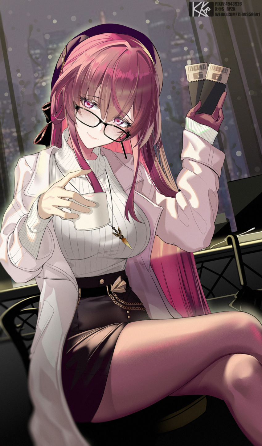 1girl alternate_hair_length alternate_hairstyle beret bespectacled black-framed_eyewear black_headwear black_skirt breasts coat commentary_request feet_out_of_frame glasses hat highres holding honkai:_star_rail honkai_(series) indoors kafka_(honkai:_star_rail) large_breasts long_hair long_sleeves looking_at_viewer open_clothes open_coat pantyhose pencil_skirt purple_eyes purple_hair ribbed_sweater sitting skirt smile solo srpzk sweater thighs turtleneck turtleneck_sweater very_long_hair white_coat white_sweater