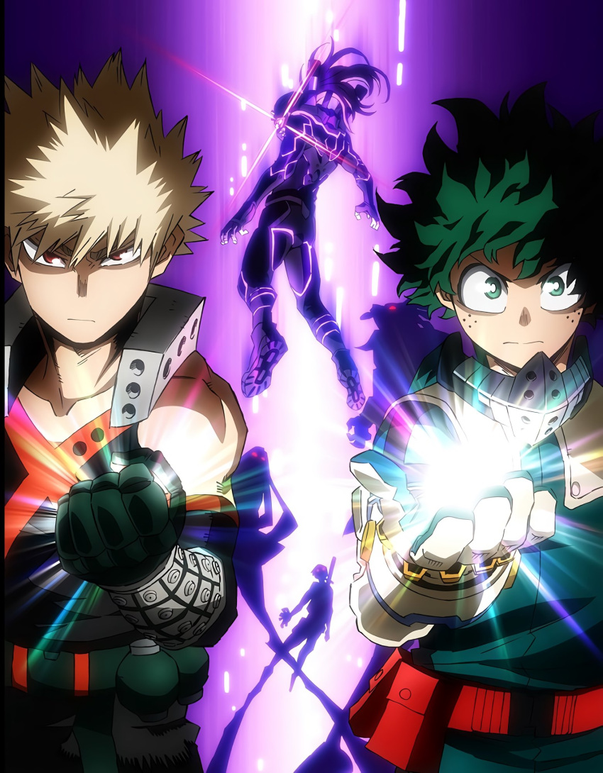 1girl 5boys ankle_boots arms_at_sides bakugou_katsuki belt belt_pouch black_background black_footwear black_pants blonde_hair blu-ray_cover bodysuit boku_no_hero_academia boots bright_pupils cel_shading chimera_(boku_no_hero_academia) claws clenched_hand closed_mouth collarbone cover covered_face curly_hair detached_sleeves diffraction_spikes explosive eyebrows_hidden_by_hair eyes_in_shadow floating floating_hair freckles furrowed_brow gloves glowing glowing_eyes gradient_background green_bodysuit green_eyes green_gloves green_hair grenade hair_between_eyes hand_up hasaki_kiruka highres light light_rays long_hair looking_at_viewer looking_back mask mask_around_neck midoriya_izuku mouth_mask multiple_boys mummy_(boku_no_hero_academia) neon_trim nine_(boku_no_hero_academia) official_art pants pouch power_suit purple_background red_belt red_eyes sanpaku serious shoe_soles short_hair side-by-side silhouette sleeveless snap-fit_buckle spiked_hair split_mouth straight-on sunburst sword tank_top third-party_source tube turning_head umakoshi_yoshihiko upper_body utility_belt v-neck v-shaped_eyebrows weapon white_gloves white_pupils wrist_guards x