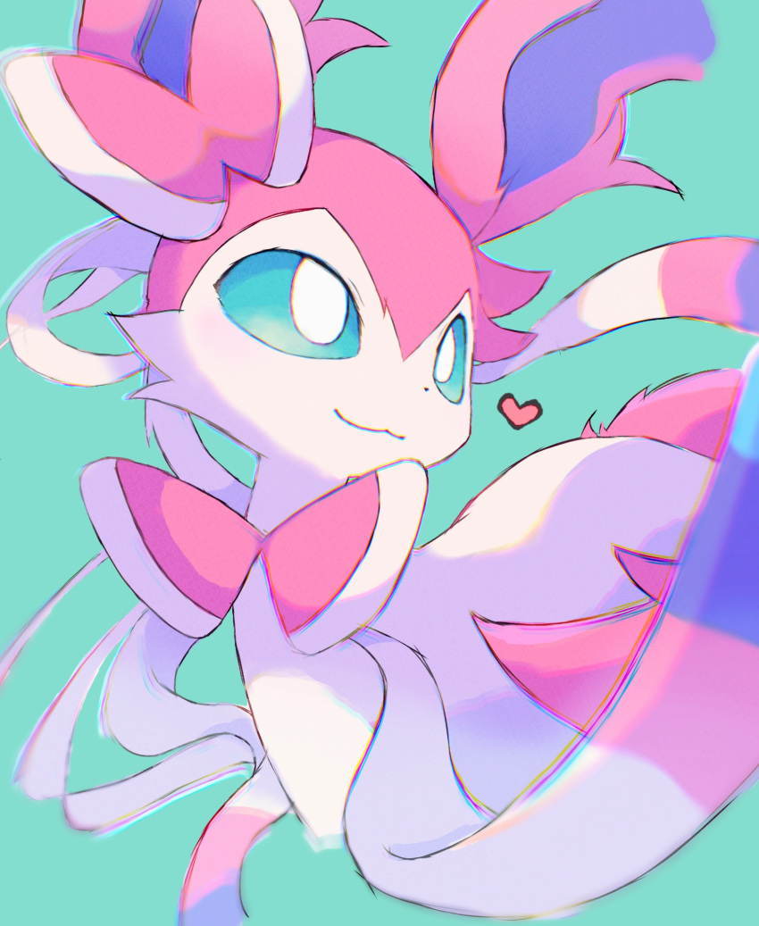 &lt;3 2022 ambiguous_gender blue_body blue_eyes blue_fur chromatic_aberration digital_media_(artwork) eeveelution feral fur generation_6_pokemon green_background happy hi_res multicolored_body multicolored_fur nintendo pink_body pink_fur pokemon pokemon_(species) salmon_no_kaori simple_background smile solo sylveon white_body white_fur