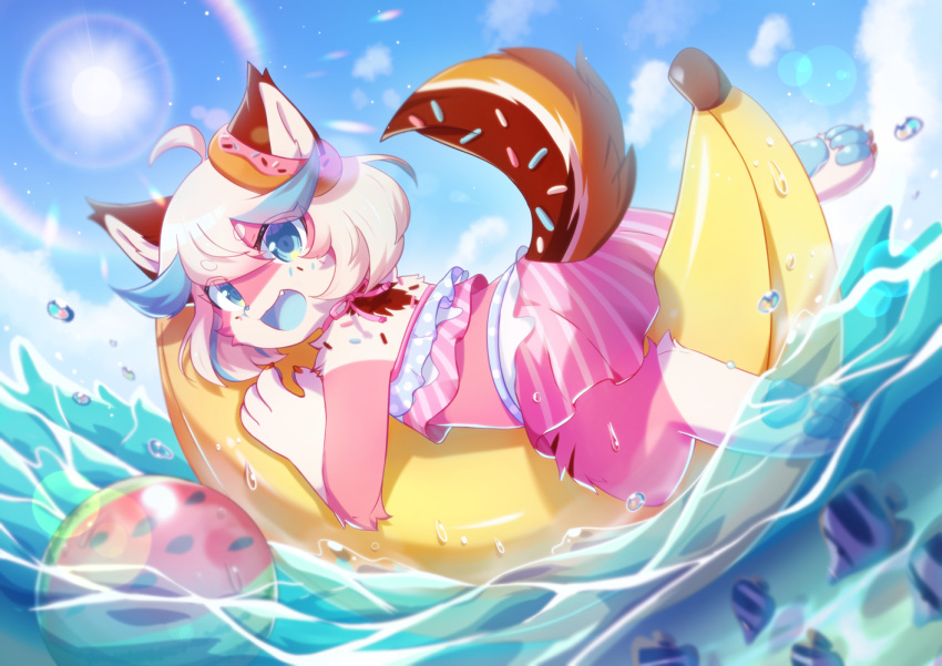 anthro banana big_tail blue_eyes blue_pawpads canid canine canis clothing dessert detailed_background donut_(misterdonut) doughnut fish food food_creature fruit fur girly hair inflatable_toy kemono lens_flare looking_back male mammal marine open_mouth pawpads paws pink_body pink_fur plant scared school_swimsuit sea sky solo sprinkledog sunnynoga swimwear tail water white_hair worried_look