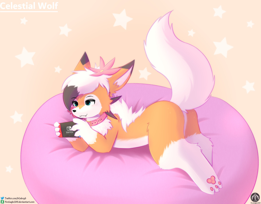 absurd_res ambiguous_gender anthro bed collar fan_character fangs flower furniture game_console generation_7_pokemon hi_res lycanroc lying midday_lycanroc nintendo nintendo_switch paws pillow plant playing_game pokemon pokemon_(species) senz solo switch_console teeth