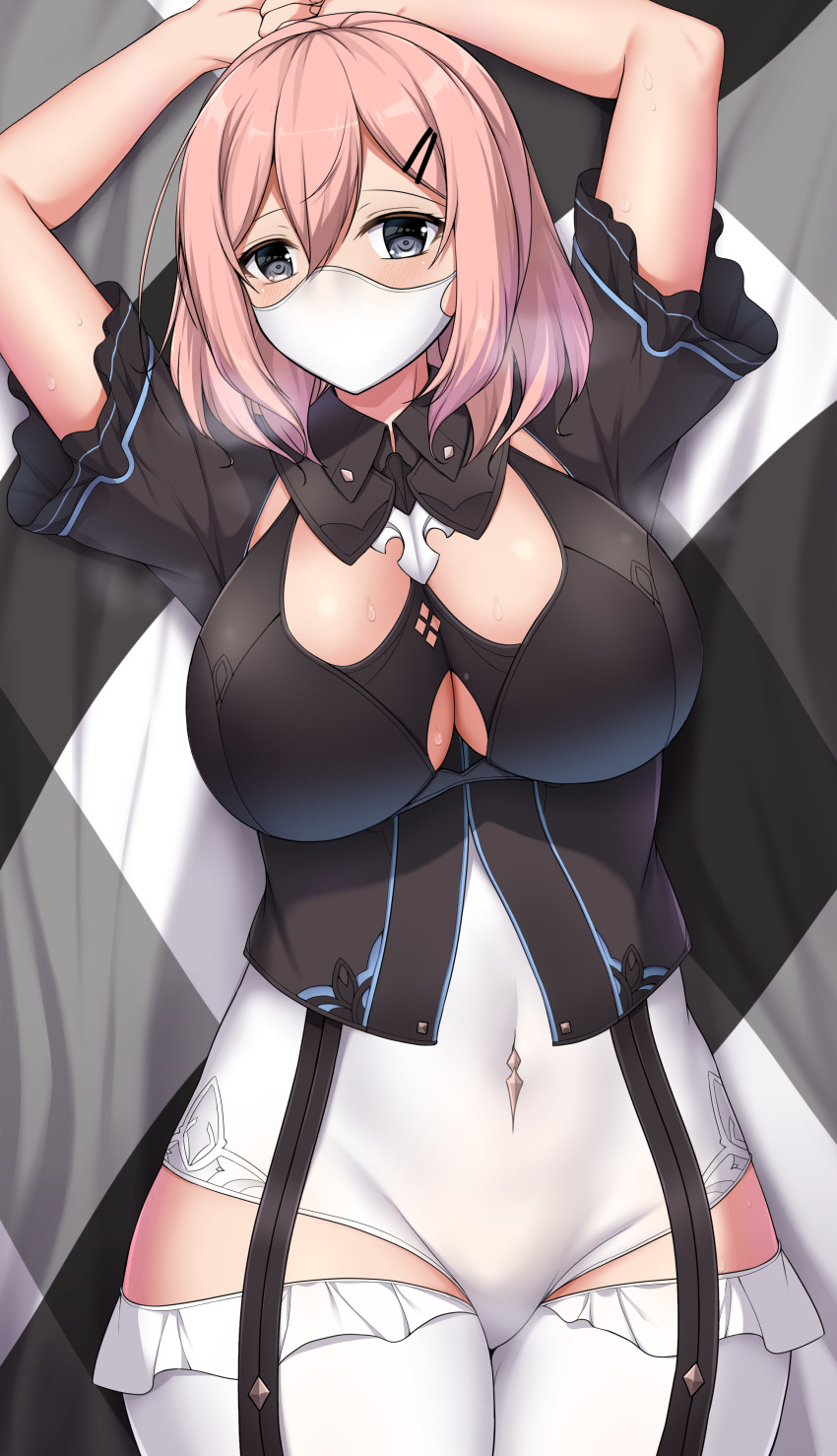 1girl absurdres arms_up bed_sheet black_shirt breasts cleavage clip_studio_paint_(medium) collared_shirt cowboy_shot english_commentary framed_breasts garter_straps grey_eyes hair_between_eyes hair_ornament hairclip highres honkai_(series) honkai_impact_3rd large_breasts leotard looking_at_viewer lying mask medium_hair mouth_mask on_back pink_hair shadow sheita shirt short_sleeves sidelocks solo sweat thighhighs timido_cute underboob white_leotard white_thighhighs