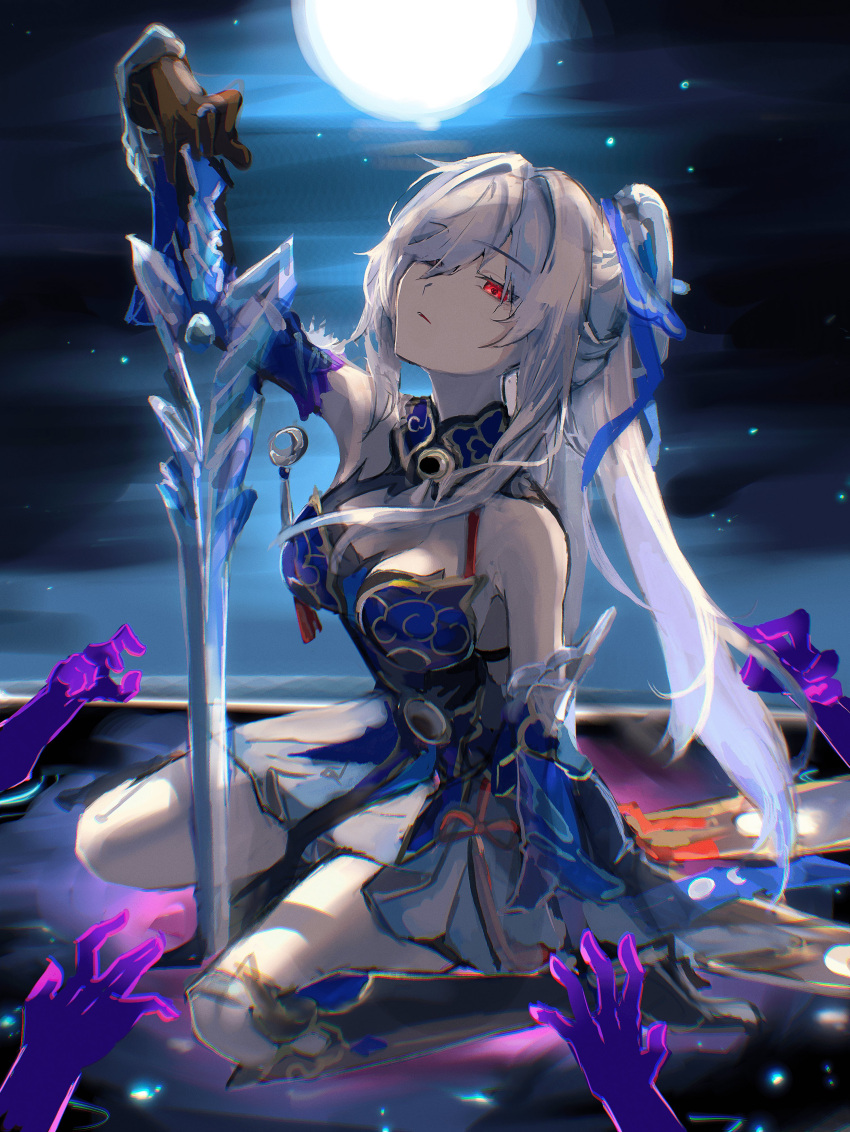 1girl absurdres bare_shoulders black_footwear black_gloves blue_sleeves crystal_sword detached_sleeves expressionless full_moon ghost_hands gloves hair_between_eyes hair_over_one_eye high_ponytail highres holding holding_sword holding_weapon honkai:_star_rail honkai_(series) jingliu_(honkai:_star_rail) long_hair mochi_upamo moon night night_sky on_ground planted planted_sword red_eyes red_tassel skirt sky solo sword weapon white_hair white_skirt