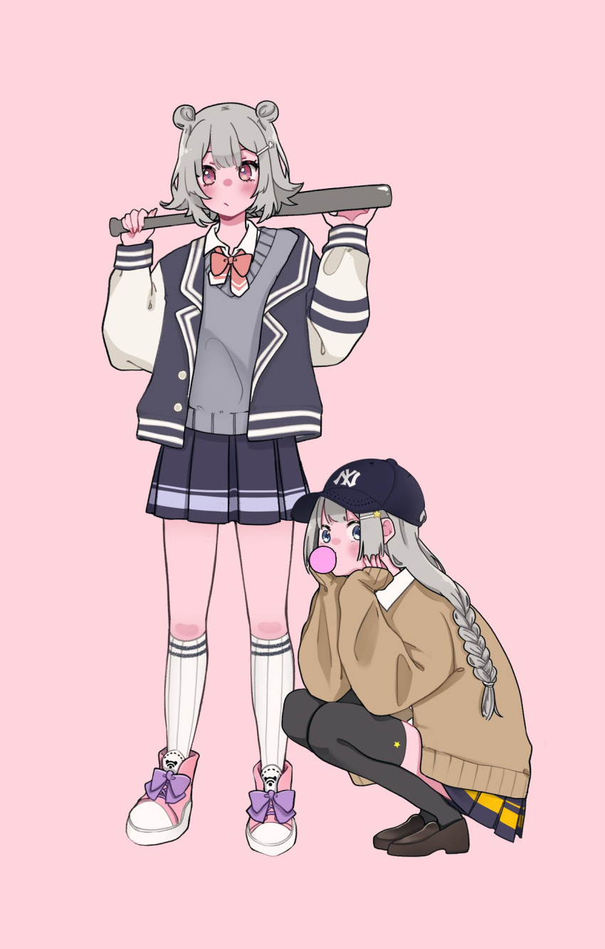 2girls :/ alpaca_opo alternate_costume baseball_bat baseball_cap black_skirt black_thighhighs bow bowtie braid brown_cardigan bubble_blowing cardigan cevio chewing_gum collared_shirt commentary_request double_bun flipped_hair footwear_bow grey_cardigan grey_hair hair_bun hair_ornament hairclip hands_on_own_chin hands_up hat head_rest highres holding holding_baseball_bat jacket kizuna_akari kneehighs koharu_rikka letterman_jacket loafers long_hair long_sleeves looking_at_viewer multiple_girls new_york_yankees open_clothes open_jacket over_shoulder pink_background pink_bow pink_bowtie pleated_skirt purple_bow shirt shoes short_hair simple_background skirt sneakers socks squatting standing synthesizer_v thighhighs voiceroid weapon weapon_over_shoulder white_shirt white_socks