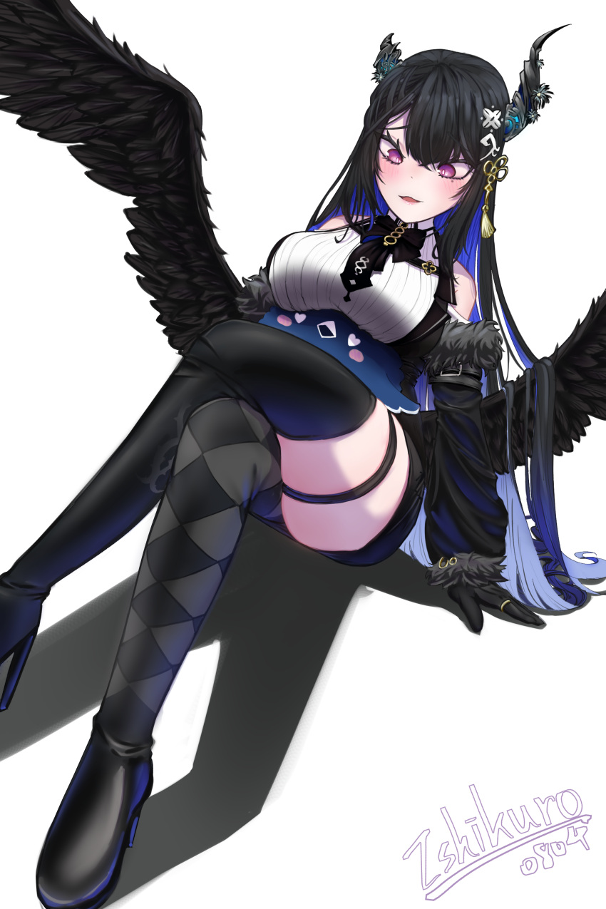 1girl absurdres akaikurokuro777 alternate_eye_color argyle argyle_legwear asymmetrical_legwear bird black_feathers black_hair black_horns black_thighhighs black_wings blue_hair blush_stickers breast_rest breasts breasts_on_head colored_inner_hair crossed_legs feathers foot_out_of_frame fur-trimmed_sleeves fur_trim hair_ornament heart heart-shaped_eyes high_heels highres hololive hololive_english horns jailbird_(nerissa_ravencroft) large_breasts looking_down mismatched_legwear mole mole_under_eye multicolored_hair nerissa_ravencroft parted_lips purple_eyes raised_eyebrows simple_background sitting solo tassel tassel_hair_ornament thigh_strap thighhighs two-tone_hair virtual_youtuber white_background wings