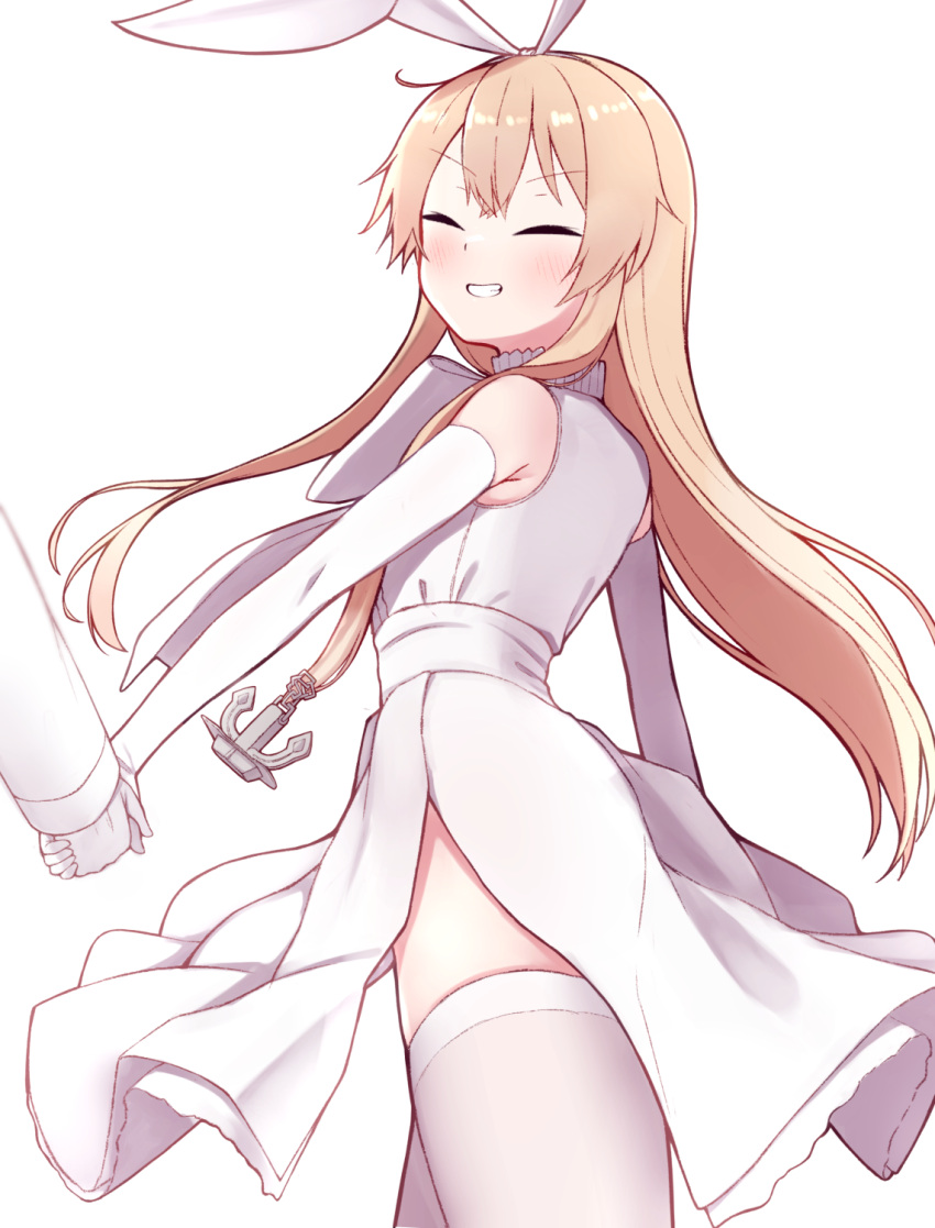 1girl blonde_hair blush closed_eyes cowboy_shot dress elbow_gloves gloves grin hair_between_eyes highres kantai_collection long_hair official_alternate_costume shimakaze_(kancolle) simple_background sleeveless sleeveless_dress smile solo_focus thighhighs tiemu_(man190) white_background white_dress white_thighhighs