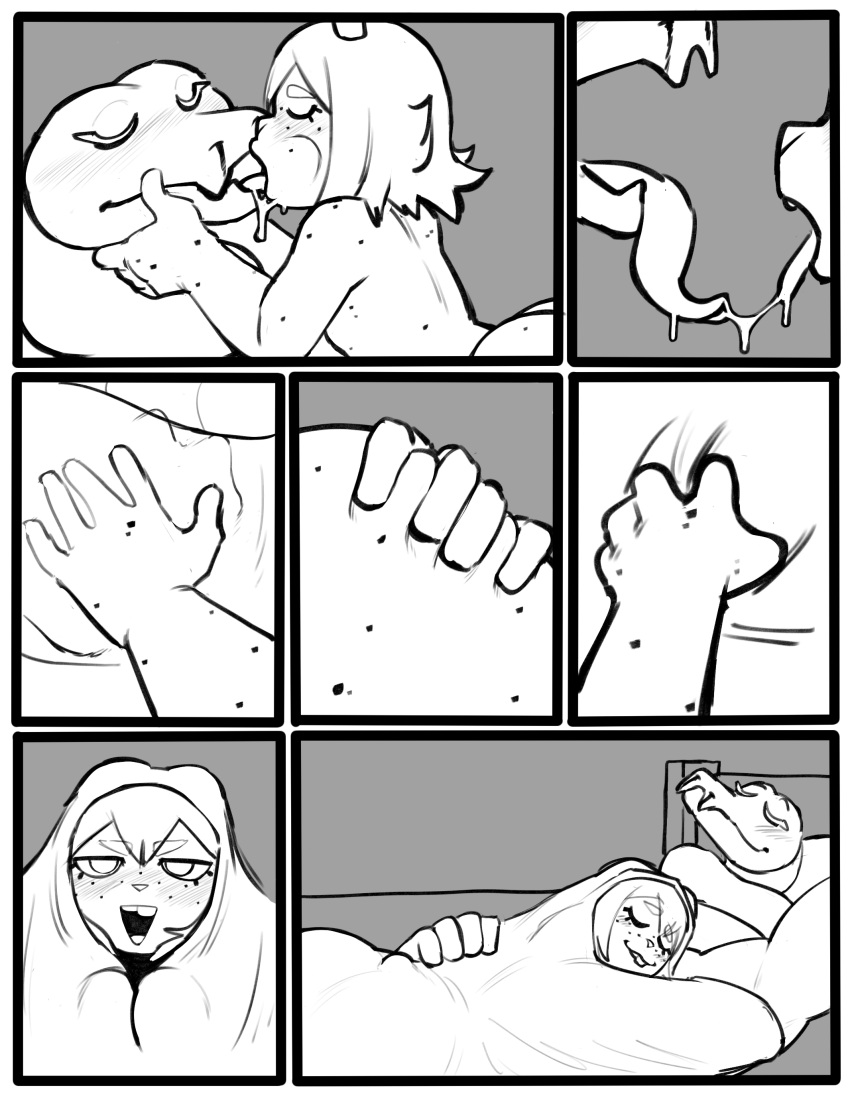absurd_res anthro bedding big_butt blanket blood bodily_fluids buckteeth butt butt_grab duo embrace female freckles hand_on_butt hands_behind_head hi_res hug humanoid jack_smith kissing lagomorph lake_smith leporid lying male male/female mammal muscular muscular_male nosebleed on_front rabbit rawhell reptile saliva saliva_on_tongue scalie snake teeth wide_hips