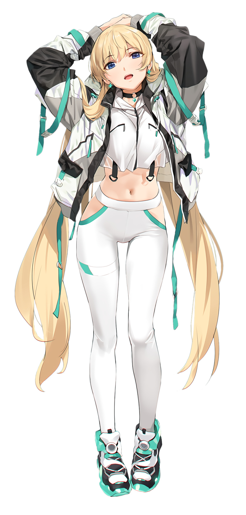 1girl absurdres alternate_costume angela_balzac arms_up blonde_hair blue_eyes blush commentary_request crop_top deva_battle_suit earrings full_body headgear highres hip_focus jewelry leggings long_hair looking_at_viewer midriff navel non-web_source open_mouth photoshop_(medium) rakuen_tsuihou shoes signature simple_background solo sportswear standing transparent_background twintails very_long_hair yd_(orange_maru)