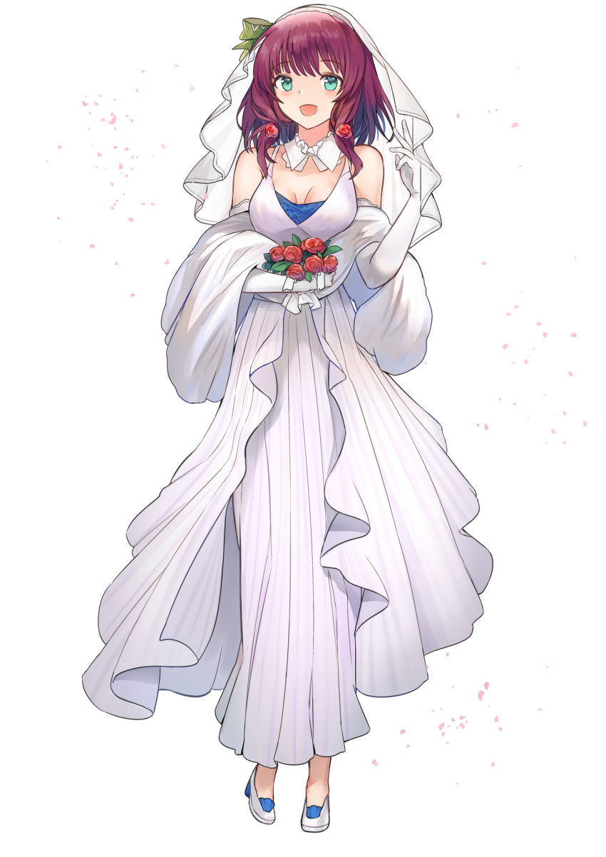 1girl :d absurdres alternate_costume alternate_hairstyle angel_beats! aqua_eyes bouquet bow breasts bridal_veil bride choker cleavage dress elbow_gloves flower full_body gloves green_bow hair_bow hair_flower hair_ornament high_heels highres holding holding_bouquet long_dress looking_at_viewer medium_breasts medium_hair nakamura_yuri open_mouth pleated_dress pumps purple_hair red_flower red_rose rose sidelocks sleeveless sleeveless_dress smile solo sss_(artist) standing transparent_background veil wedding_dress white_dress white_footwear white_gloves