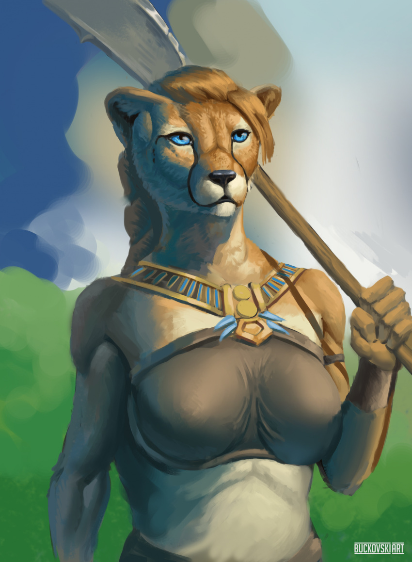 anthro blonde_hair blue_eyes buckovskiart cheetah chest_wraps felid feline female fur hair hi_res mammal muscular muscular_female simple_background solo warrior wraps yellow_body yellow_fur