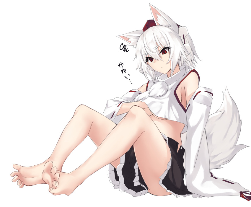 1girl absurdres animal_ear_fluff animal_ears bare_legs barefoot black_skirt breasts closed_mouth commentary_request detached_sleeves feet full_body hair_between_eyes hand_under_clothes hand_under_shirt hat highres inubashiri_momiji iwashi_(nisankatanso) large_breasts pom_pom_(clothes) red_eyes red_headwear ribbon-trimmed_sleeves ribbon_trim scratching shirt short_hair simple_background sitting skirt sleeveless sleeveless_shirt soles solo squiggle tail thick_eyebrows toenails toes tokin_hat touhou translated white_background white_hair white_shirt white_sleeves wolf_ears wolf_tail