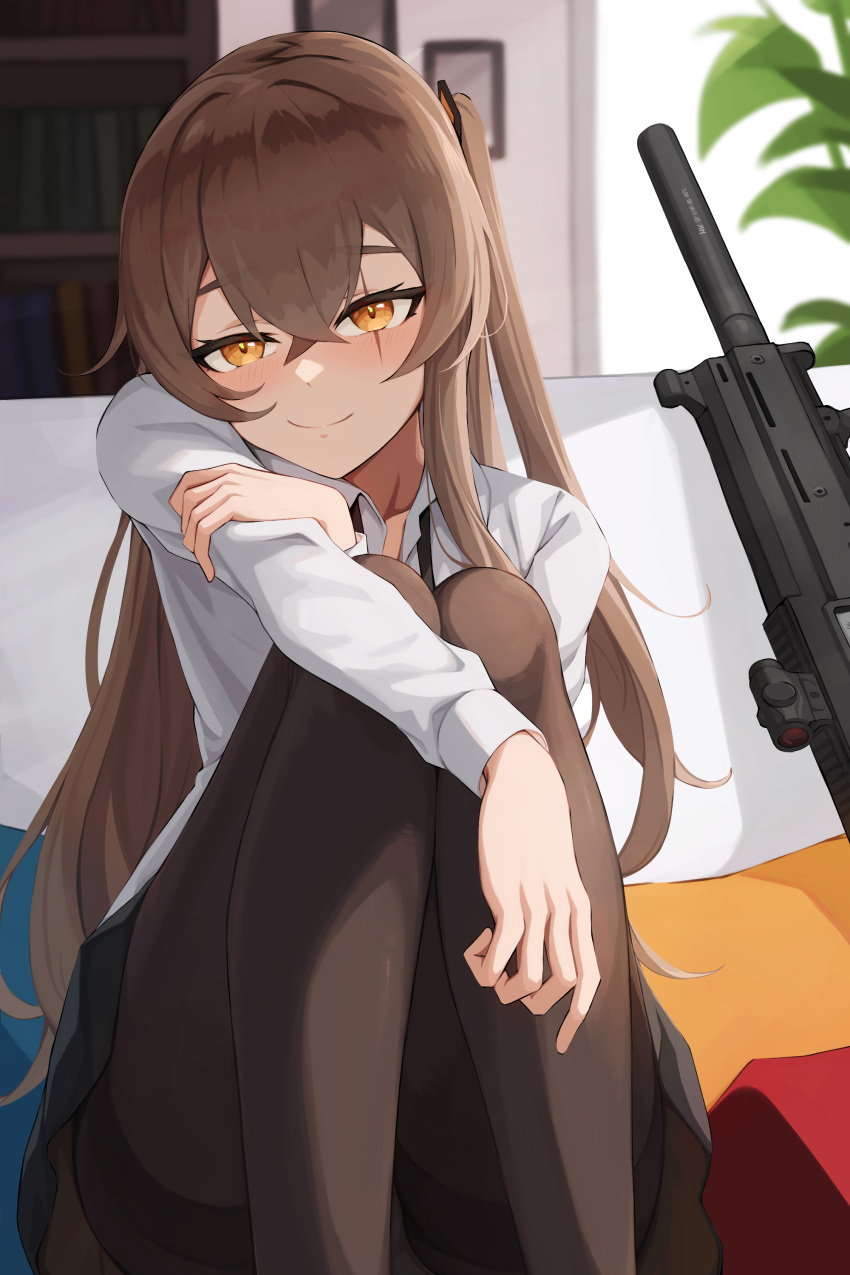 1girl absurdres aimpoint black_pantyhose blush bookshelf brown_hair copycat001 english_commentary girls'_frontline gun h&amp;k_ump hand_on_own_arm highres korean_commentary long_hair looking_at_viewer mixed-language_commentary one_side_up orange_eyes panties pantyhose pantyshot plant scar scar_across_eye scar_on_face scope shirt sitting smile submachine_gun suppressor ump45_(girls'_frontline) underwear weapon white_shirt
