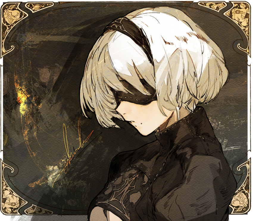 1girl absurdres black_background black_blindfold black_dress black_headband blindfold breasts dress expressionless from_side headband highres hiranko nier:automata nier_(series) short_hair signature sketch solo upper_body white_hair yorha_no._2_type_b