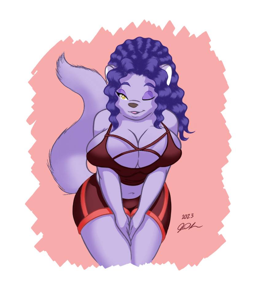 anthro big_breasts bra breast_squish breasts clothing exercise felid feline female fur hair hi_res huge_breasts looking_at_viewer mammal one_eye_closed peterandwhitney pinup pose purple_body purple_fur purple_hair slightly_chubby solo sports_bra squish underwear whitney_(pnc) wink winking_at_viewer workout workout_clothing yellow_eyes