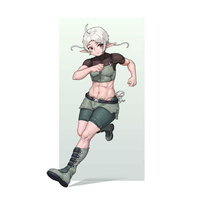 1girl abs ahoge alternate_muscle_size boots closed_mouth crop_top elf full_body green_footwear green_shirt green_shorts highres muscular muscular_female mushoku_tensei navel pointy_ears red_eyes running shirt short_hair shorts shuwei_(world2012102) smile solo sylphiette_(mushoku_tensei) white_hair