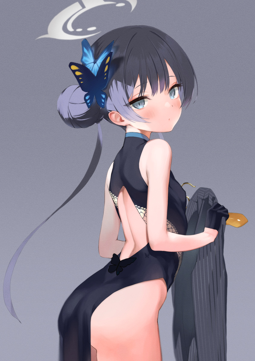 1girl absurdres arched_back ass back back_cutout bare_hips black_dress black_gloves black_hair blue_archive breasts butterfly_hair_ornament china_dress chinese_clothes clothes_hanger clothing_cutout double_bun dragon_print dress expressionless from_side gloves grey_eyes hair_bun hair_ornament halo highres jacket kisaki_(blue_archive) long_hair looking_at_viewer looking_back pelvic_curtain pinstripe_jacket pinstripe_pattern print_dress side_slit sleeveless sleeveless_dress small_breasts solo striped striped_jacket twintails vertical-striped_jacket vertical_stripes yoyoshi_renga