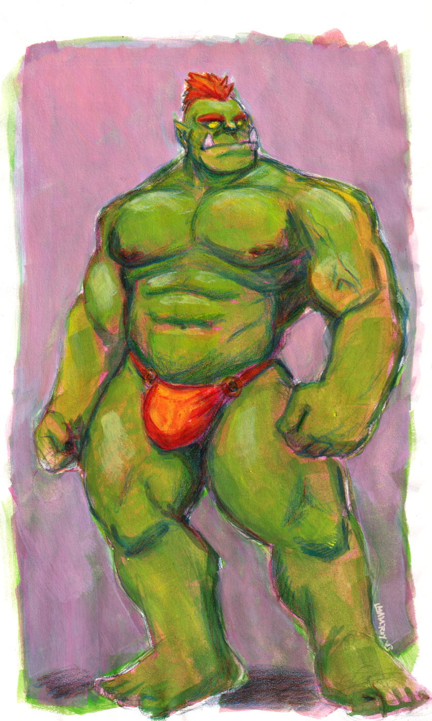 abs alexyorim bulge clothing colored_pencil_(artwork) gouache_(artwork) green_body green_skin hair hi_res humanoid male mauve_background mixed_media muscular nipples no_pupils orange_clothing orange_hair orange_underwear orc painting_(artwork) pecs pink_background restricted_palette simple_background solo solo_focus traditional_media_(artwork) tusks underwear