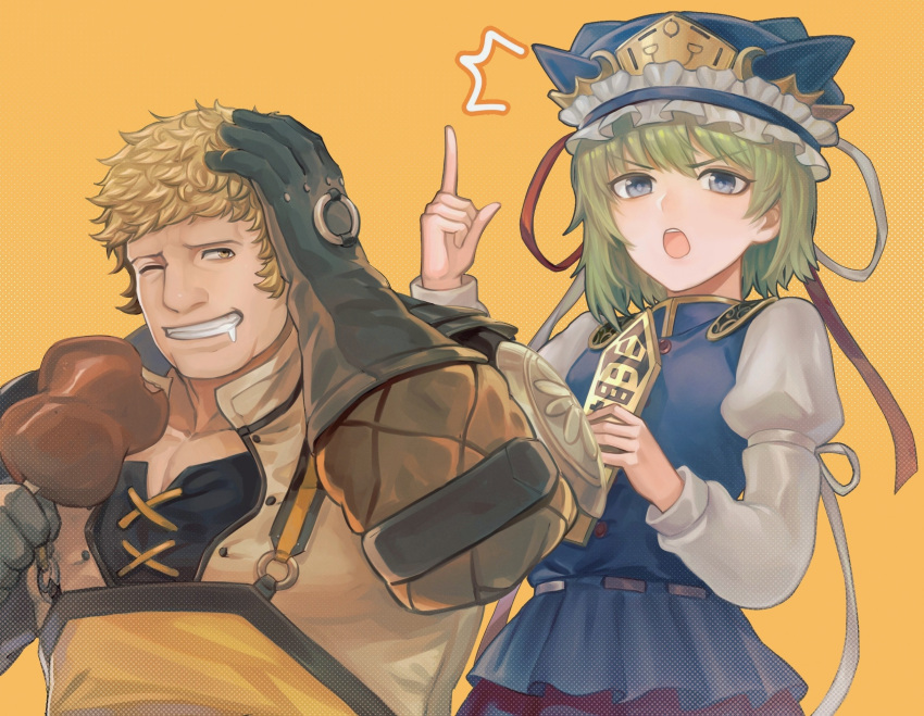 1boy 1girl bara big_nose cross-laced_slit crossover drooling fire_emblem fire_emblem:_three_houses food food_request frown gloves green_hair hand_on_own_head hand_up highres ina_zuma index_finger_raised large_pectorals long_sideburns looking_to_the_side meat mouth_drool muscular muscular_male official_alternate_costume one_eye_closed pectoral_cleavage pectorals raphael_kirsten shiki_eiki short_hair sideburns sideways_glance thick_eyebrows touhou upper_body yellow_background