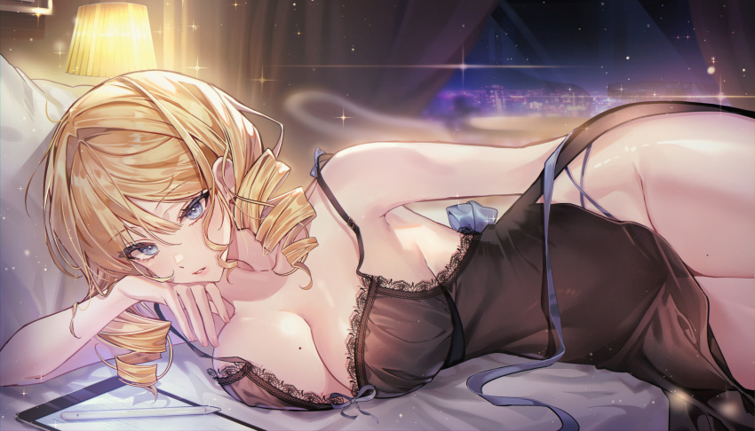 1girl armpits bare_arms bare_shoulders black_dress blonde_hair blue_eyes blurry breasts cleavage covered_navel depth_of_field diffraction_spikes dress drill_hair highres indoors lace_trim lampshade large_breasts long_hair looking_at_viewer lying mole mole_on_breast mole_on_thigh night no_bra no_panties novelpia on_bed on_side original parted_lips pillow s2mias2 side_slit sleeveless sleeveless_dress solo spaghetti_strap stylus tablet_pc thighs twin_drills