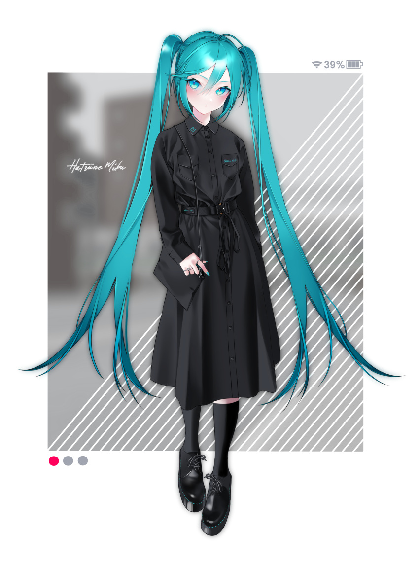 1055 1girl absurdres ahoge aqua_eyes aqua_hair aqua_nails arm_at_side bag battery_indicator belt black_bag black_belt black_coat black_footwear black_ribbon black_socks blush breast_pocket buttons character_name closed_mouth coat commentary_request grey_background hair_between_eyes handbag hatsune_miku highres jewelry long_hair long_sleeves looking_at_viewer partial_commentary pocket ribbon ring shoes sidelocks sleeves_past_wrists socks solo standing tsurime twintails two-tone_background very_long_hair vocaloid white_background wifi_symbol wing_collar