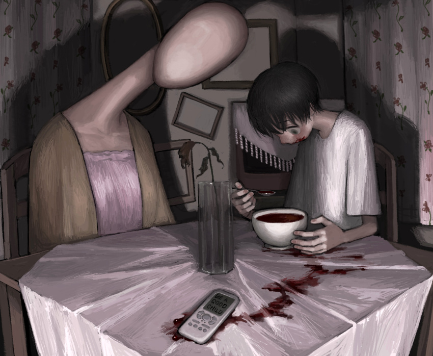 1boy 1girl absurdres black_eyes blood blood_on_face blood_trail blouse bowl curtains dining_room dress empty_picture_frame english_commentary english_text faceless faceless_female facing_another facing_down floral_print food highres holding holding_spoon horror_(theme) indoors looking_at_food monster off-shoulder_dress off_shoulder on_chair original pda picture_frame purple_dress shadow shirt sitting soup spoon table tablecloth television vase white_shirt wide-eyed wilted_flower yakito_lulu