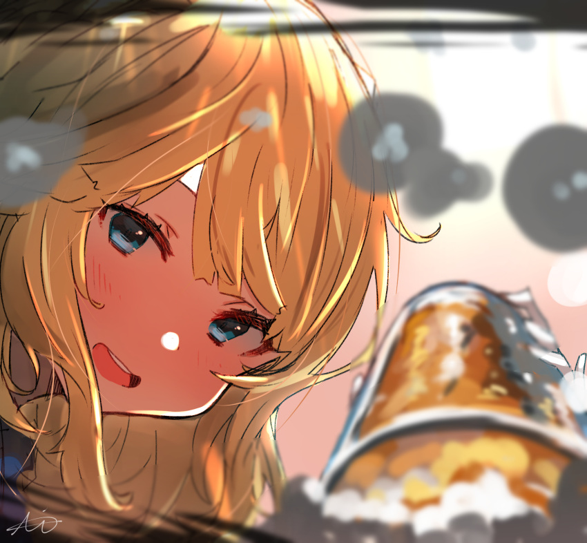 1girl alcohol beer blonde_hair blue_eyes blurry blurry_foreground blush cup drinking drunk foam gloves highres holding holding_cup kantai_collection looking_at_viewer open_mouth portrait pov ranger_(kancolle) signature solo sunday_aki white_gloves