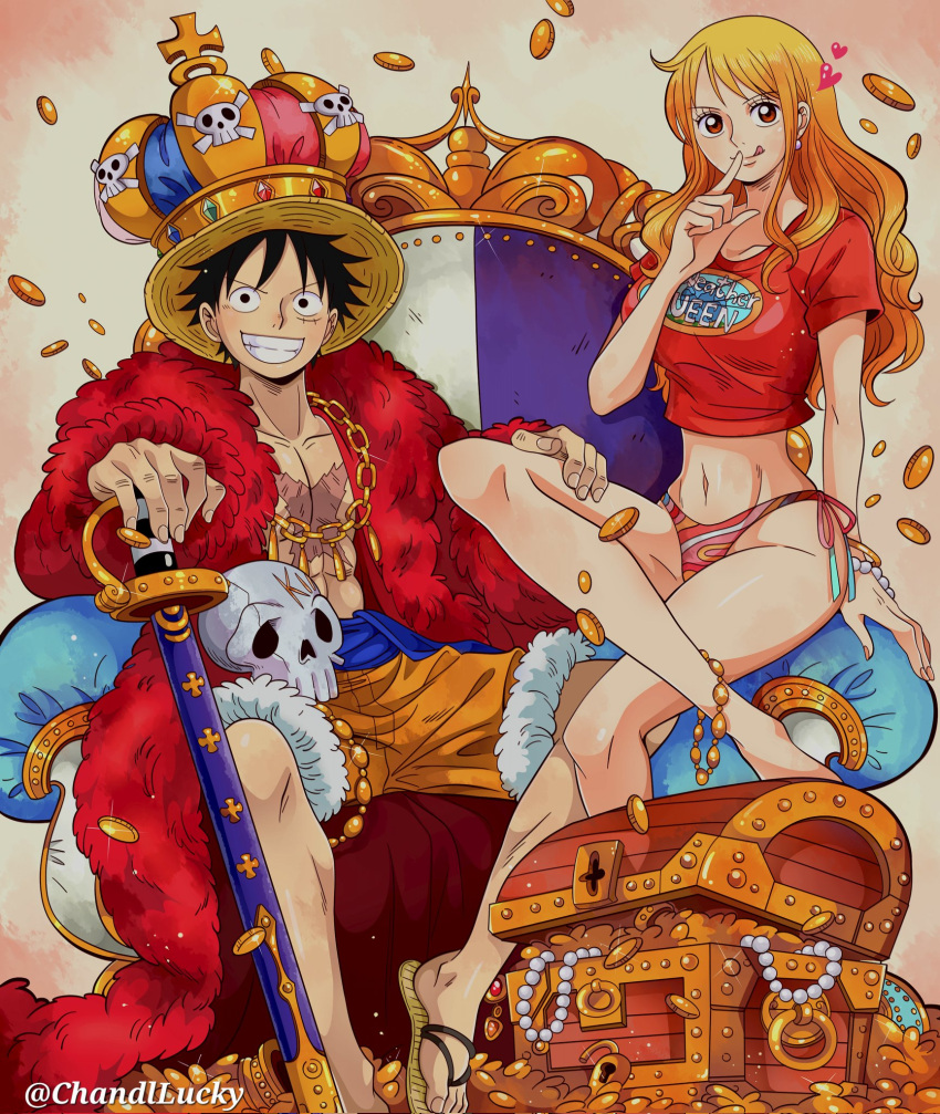 1boy 1girl anklet bare_legs bead_necklace beads bikini bikini_bottom_only black_hair chandllucky clothes_writing coat coin crown earrings finger_to_mouth fur_coat fur_trim gold_coin hand_on_another's_hip hand_on_hilt hat highres jewelry long_hair looking_at_viewer monkey_d._luffy nami_(one_piece) navel necklace one_piece open_clothes orange_eyes red_coat red_hair red_shirt scar scar_on_chest scar_on_face shirt short_hair short_sleeves shorts skull_and_crossbones smile straw_hat swimsuit sword throne tongue tongue_out treasure_chest weapon yellow_shorts