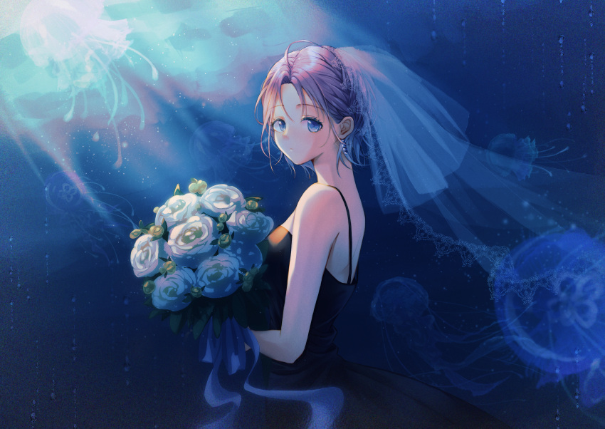 1girl absurdres ahoge asakura_toru black_dress bouquet breasts bridal_veil dress earrings flower highres holding holding_bouquet idolmaster idolmaster_shiny_colors jellyfish jewelry lace-trimmed_veil lace_trim light_rays looking_at_viewer looking_to_the_side medium_breasts natsu_(jar1010) parted_bangs purple_hair rose sleeveless sleeveless_dress solo underwater veil white_flower white_rose