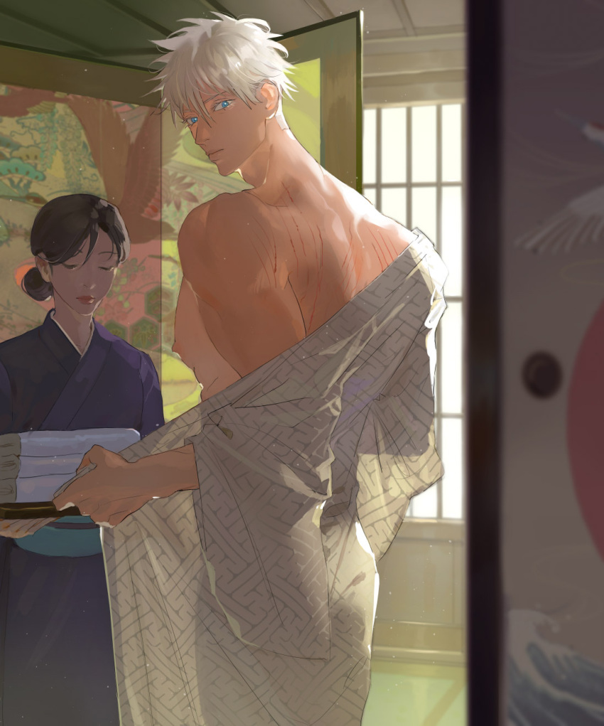 1boy 1girl a_ranshi after_bathing architecture blue_eyes colored_eyelashes cowboy_shot east_asian_architecture expressionless gojou_satoru hair_between_eyes highres indoors japanese_clothes jujutsu_kaisen kimono looking_at_viewer male_focus nipples nude puffy_nipples see-through short_hair sliding_doors towel wet white_hair white_kimono