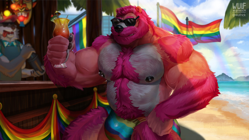 2022 abdominal_hair absurd_res aloha_shirt anthro apron arm_tuft bar bartender beach bear beard beverage biceps black_nipples body_hair bulge canid canine canis chest_hair chest_tuft claws clothed clothing cloud container cup deltoids drinking_glass duo eyewear facial_hair finger_claws fur glass glass_container glass_cup hair hairy_arms hairy_legs hairy_male happy_trail hi_res lgbt_pride male mammal mask mountain multicolored_clothing musclegut muscular muscular_anthro muscular_male mustache nipple_piercing nipples outside palm_tree pantsless pattern_clothing pattern_shirt pattern_topwear pawpads piercing pink_body pink_fur pink_hair plant pride_colors rainbow rainbow_clothing rainbow_flag rainbow_pride_flag rainbow_symbol rex_(furrybeefrex) sand sea seaside shirt shirtless signature speedo speedo_only sunglasses sunny swimwear topless topwear trail tree tuft ursine vein veiny_muscles water watermark wave wolf wufrick