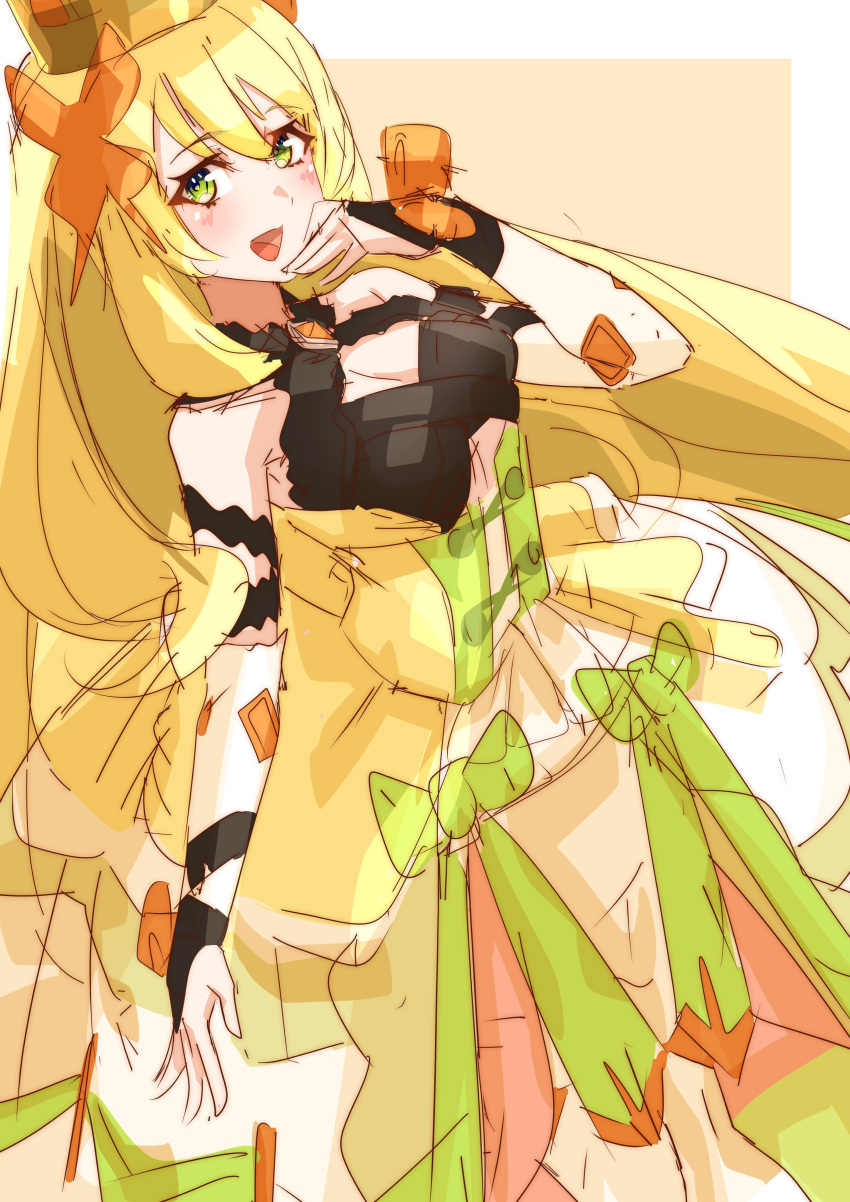 1girl :d absurdres bare_shoulders blonde_hair bow breasts bridal_gauntlets butterfly_hair_ornament celine_(fire_emblem) cleavage crown dress dress_bow fire_emblem fire_emblem_engage green_bow green_eyes hair_between_eyes hair_ornament highres long_hair looking_at_viewer open_mouth orange_bow simple_background sleeveless smile to_(tototo_tk) very_long_hair wrist_bow yellow_dress