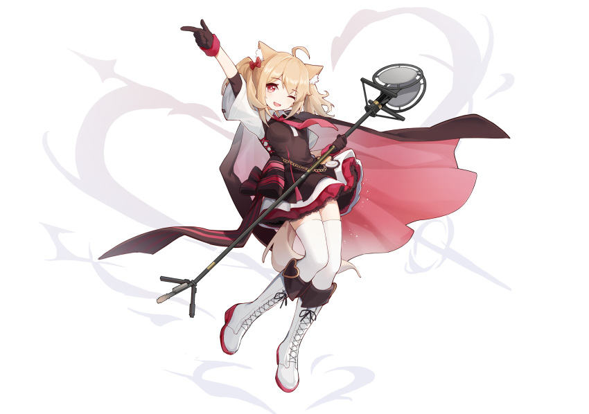 1girl absurdres ahoge animal_ears arknights artist_request blonde_hair boots bow fox_ears fox_girl fox_tail gloves hair_bow highres looking_at_viewer necktie one_eye_closed red_bow red_eyes red_necktie sora_(arknights) tail thighhighs white_background