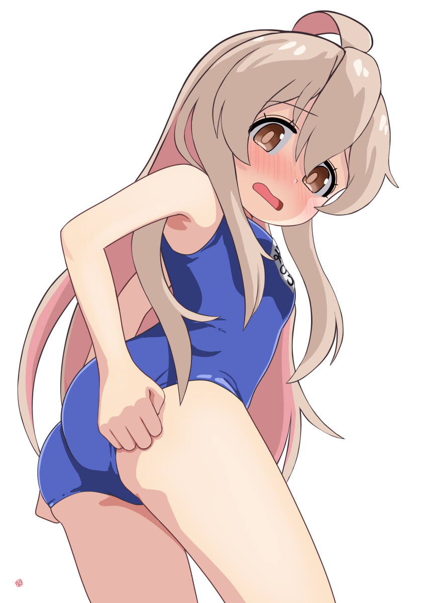 1girl absurdres ahoge ass bare_arms bare_legs bare_shoulders blue_one-piece_swimsuit blush breasts colored_inner_hair commentary from_below hair_between_eyes highres hug hug_from_behind light_brown_hair long_hair looking_at_viewer looking_back multicolored_hair name_tag nao_suke nose_blush one-piece_swimsuit onii-chan_wa_oshimai! open_mouth oyama_mahiro pink_hair school_swimsuit simple_background small_breasts solo swimsuit thighs two-tone_hair wavy_mouth white_background