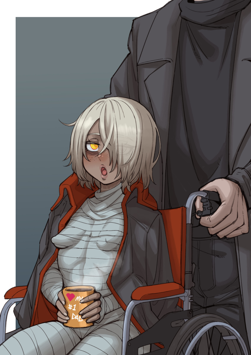 1boy 1girl 621_(armored_core_6) absurdres armored_core bandaged_torso black_coat black_jacket black_sweater breasts coat commentary_request covered_nipples cup dark-skinned_female dark_skin ebonyxh english_commentary eyes_visible_through_hair freckles grey_background hair_over_one_eye handler_walter highres holding holding_cup jacket long_sleeves open_mouth pointy_breasts ringed_eyes scar scar_on_neck short_hair simple_background small_breasts solaria_(ebonyxh) steam sweater tongue wheelchair white_background white_hair yellow_eyes