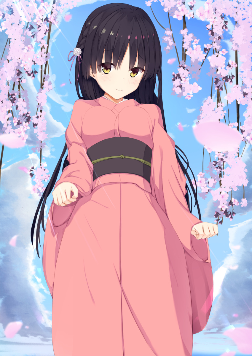 1girl arms_at_sides black_hair blue_sky blush braid breasts cafe_stella_to_shinigami_no_chou cherry_blossoms clenched_hands closed_mouth cloud commentary_request day eyes_visible_through_hair flower from_below hair_between_eyes hair_ribbon highres japanese_clothes kimono light_rays long_hair long_sleeves looking_at_viewer medium_breasts mole mole_under_eye okaeru outdoors pink_flower pink_kimono pink_ribbon ribbon rose shiki_natsume shy side_braid sky smile solo very_long_hair white_flower white_rose wide_sleeves yellow_eyes yukata