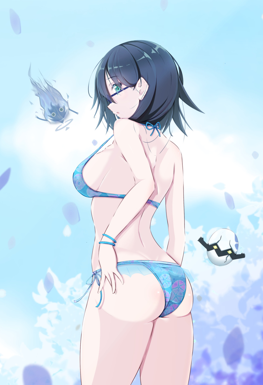 1girl absurdres arms_at_sides ass back bikini black_hair breasts cowboy_shot floral_print from_behind glasses green_eyes hair_over_shoulder halterneck highres honma_(honmatomohiro) looking_at_viewer looking_back medium_breasts medium_hair open_mouth petals shoulder_blades side-tie_bikini_bottom sideboob signature sky strap_gap swimsuit tougou_mimori yuuki_yuuna_wa_yuusha_de_aru yuuki_yuuna_wa_yuusha_de_aru:_hanayui_no_kirameki yuusha_de_aru