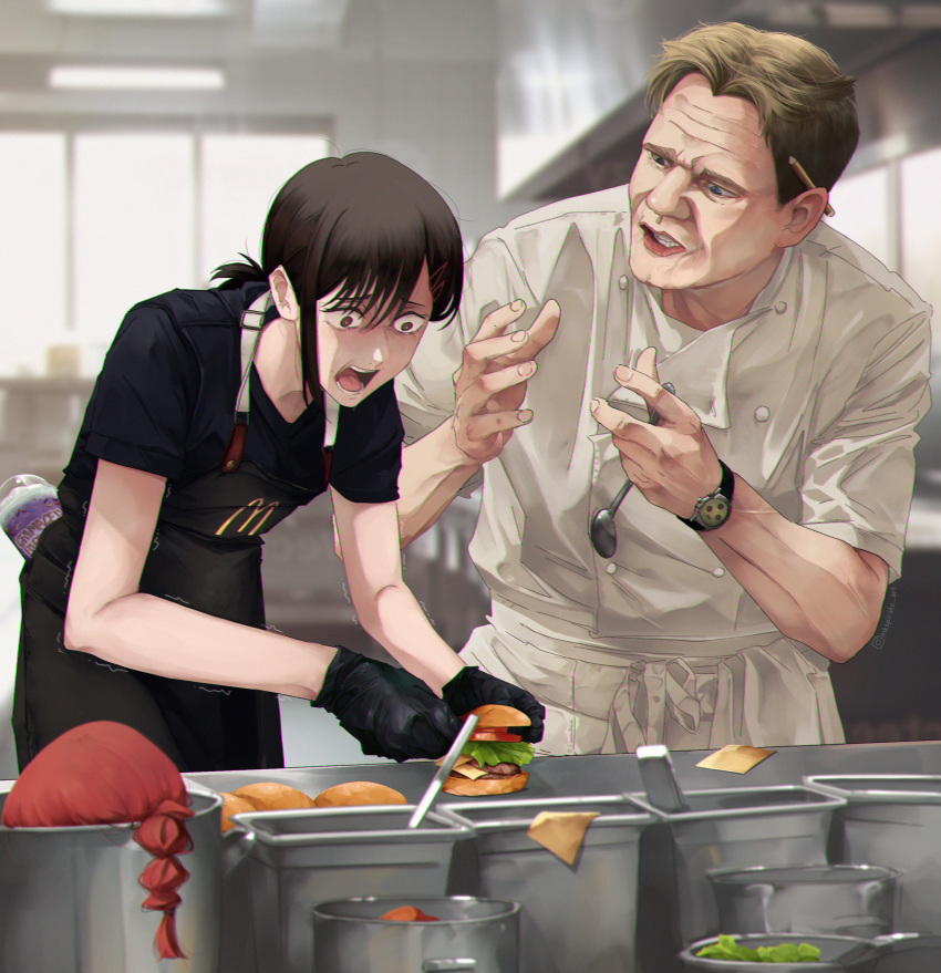 1boy 1girl absurdres black_gloves black_hair black_shirt burger chainsaw_man fast_food food gloves gordon_ramsay grimace_shake_(meme) hell's_kitchen higashiyama_kobeni highres indoors inkspirate ladle lips mcdonald's meme open_mouth pencil_behind_ear real_life shirt watch wristwatch