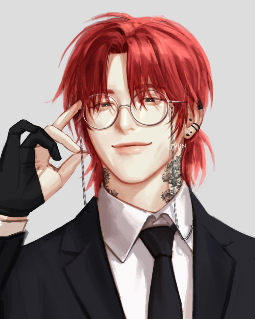 1boy absurdres bespectacled black_necktie closed_mouth collared_shirt commentary_request eoduun_badaui_deungbul-i_doeeo glasses grey_background hand_up highres jyum_00 kim_jaehee korean_commentary looking_at_viewer male_focus neck_tattoo necktie prosthetic_fingers red_hair round_eyewear shirt short_hair simple_background solo suit tattoo upper_body white_shirt