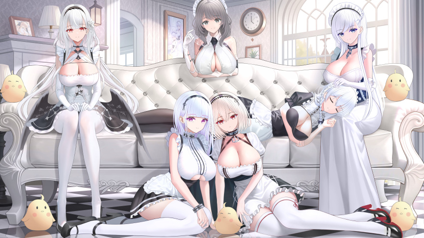 6+girls absurdres anchor_choker apron azur_lane bare_shoulders belfast_(azur_lane) black_footwear black_hairband black_skirt black_thighhighs blue_eyes blue_hair bracelet braid breasts broken broken_chain center_frills chain charybdis_(azur_lane) checkered_floor choker cleavage clock closed_eyes closed_mouth clothing_cutout collar collarbone commentary couch dido_(azur_lane) dress elbow_gloves english_commentary framed_breasts french_braid frilled_apron frilled_choker frills full_body gloves grey_eyes grey_hair hair_between_eyes hairband hermione_(azur_lane) high_heels highres huge_breasts implacable_(azur_lane) indoors jewelry lace-trimmed_hairband lace_trim lap_pillow large_breasts little_bel_(azur_lane) long_dress long_hair looking_at_viewer lying maid maid_apron maid_headdress manjuu_(azur_lane) medium_hair metal_collar multiple_girls on_couch on_side paid_reward_available pantyhose picture_(object) puffy_short_sleeves puffy_sleeves purple_eyes red_eyes reflection reflective_floor revision ring scylla_(azur_lane) shirt shoes short_hair short_sleeves simple_background sirius_(azur_lane) sitting skirt sleeping sleeveless sleeveless_shirt smile thighhighs tina_(tinafya) twintails underboob underboob_cutout very_long_hair waist_apron wedding_ring white_apron white_background white_dress white_gloves white_hair white_pantyhose white_thighhighs window zettai_ryouiki