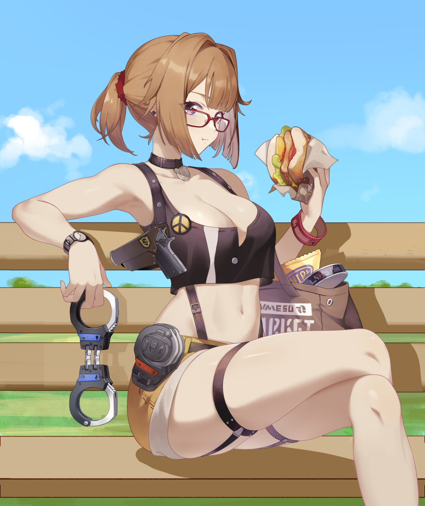 1girl :t absurdres bag bare_arms bare_legs bare_shoulders bench black_tank_top blue_sky breasts brown_hair burger cleavage cloud commentary_request commission crop_top cuffs day feet_out_of_frame food girls'_frontline glasses grizzly_mkv_(girls'_frontline) gun hand_up handcuffs handgun highres holding holding_food holding_handcuffs large_breasts looking_at_viewer midriff navel no.1_machine ponytail purple_eyes red-framed_eyewear second-party_source short_hair short_shorts shorts sitting sky solo stomach tank_top thigh_strap thighs watch weapon wristwatch yellow_shorts